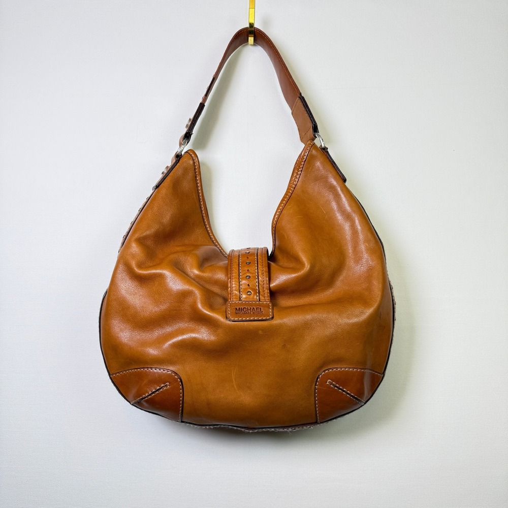 MICHAEL KORS Vintage Cognac Brown Studded Leather Buckle Hobo Bag Large - Picture 2 of 8